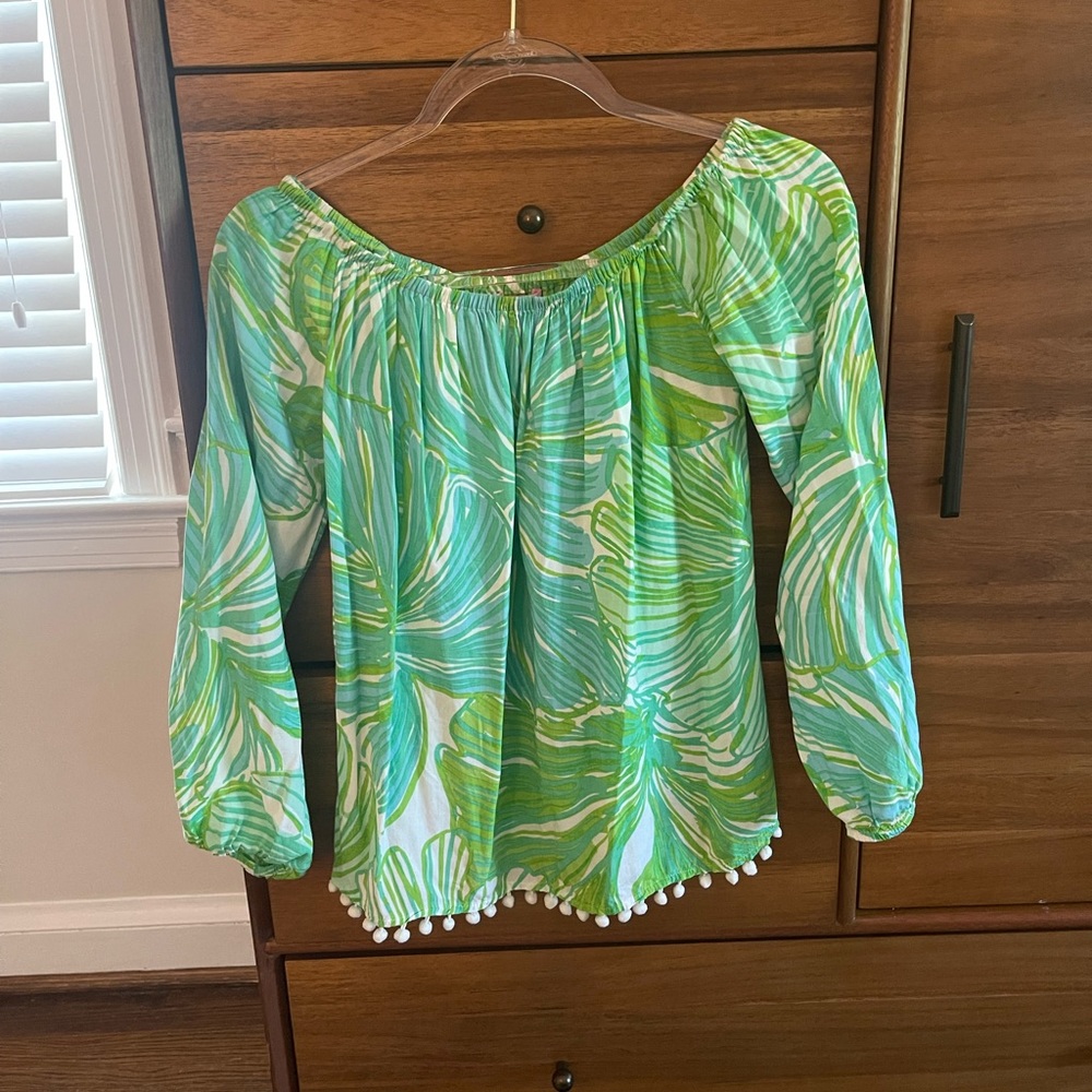 Lilly Pulitzer off the shoulder pom pom trim top